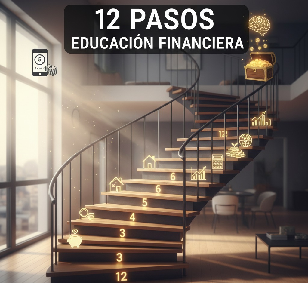 Imagen de una escalera en donde se pueden apreciar los 12 pasos (escalones) para lograr una poderosa educación financiera