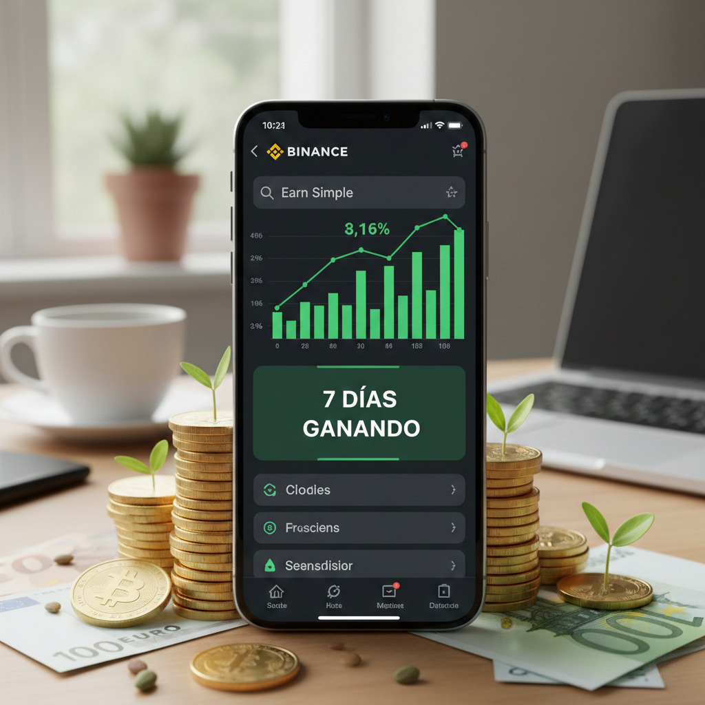 Imagen de una oficina en la que muestra en un móvil una gráfica ascendente de cómo realmente se puede ganar 7 días haciendo Binance Earn