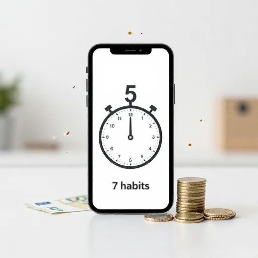 Ilustración de un teléfono móvil con un reloj de 5 minutos y una pequeña pila de dinero, simbolizando hábitos financieros rápidos y eficientes para el crecimiento económico.