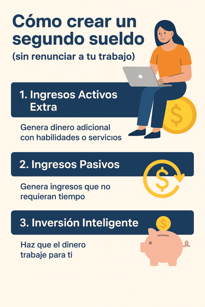 Infografía sobre cómo crear un segundo sueldo (sin renunciar a tu trabajo)
1. Ingresos Activos Extra
2. Ingresos Pasivos
3. Inversión Inteligente