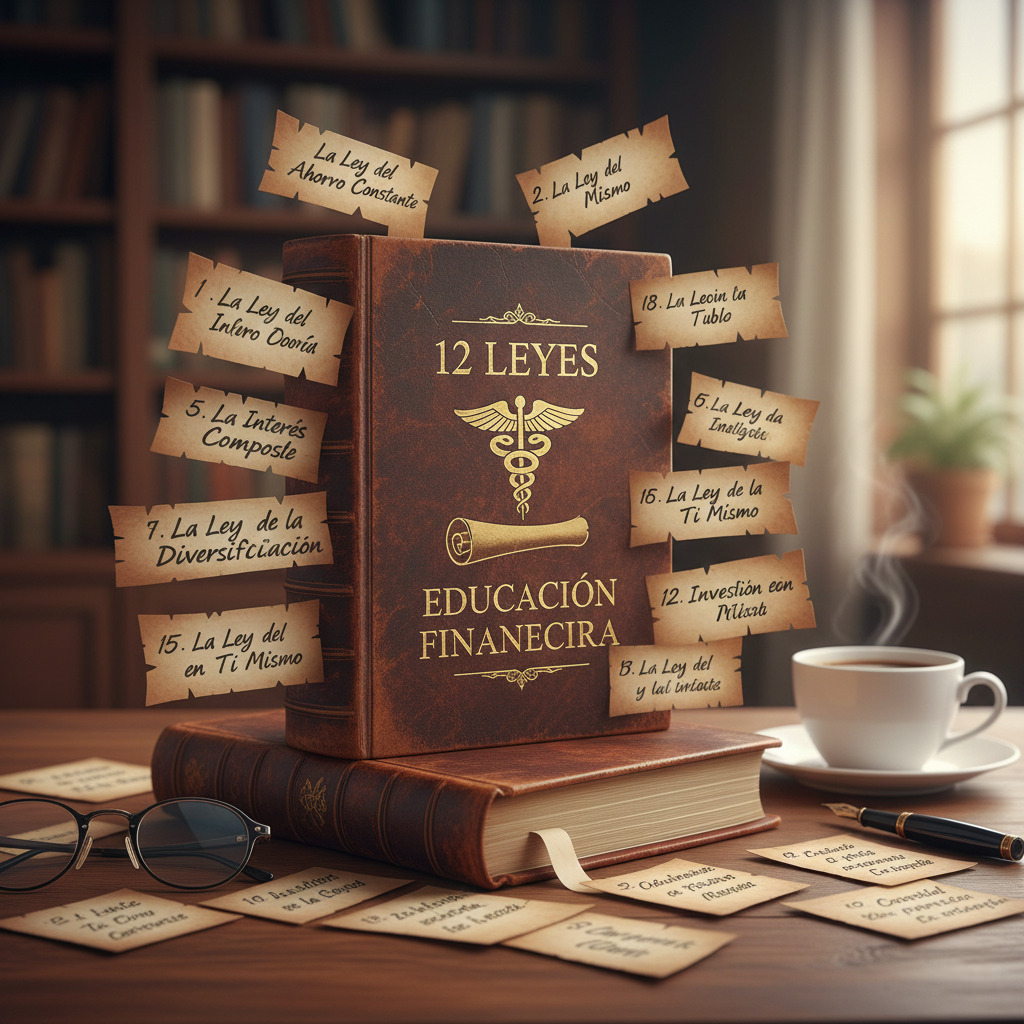 Leyes fundamentales de la educación financiera representadas por un libro, monedas de euro y un gráfico de crecimiento económico sobre un escritorio profesional.