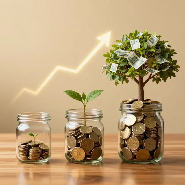 Representación visual en tres etapas del interés compuesto, mostrando cómo una pequeña inversión inicial de monedas crece exponencialmente hasta convertirse en una gran acumulación de dinero con el paso del tiempo.