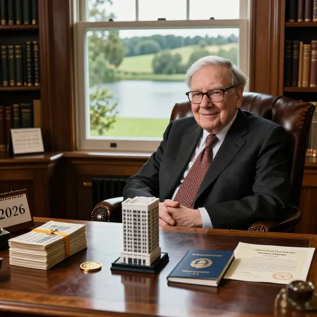 Warren Buffett en un entorno de despacho tranquilo rodeado de cinco símbolos visuales que representan activos financieros seguros y estables recomendados para la jubilación con vistas al año 2026.