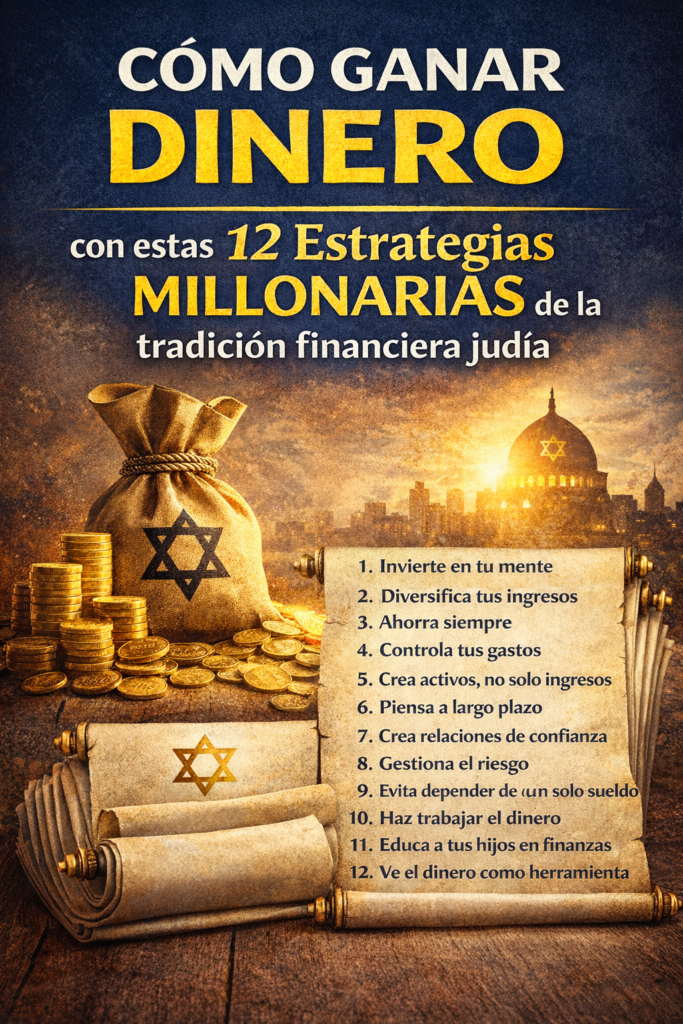 La imagen muestra una infografía con las 12 estrategias financiera Judías basadas en principios tradicionales de ahorro, inversión y construcción de riqueza a largo plazo.