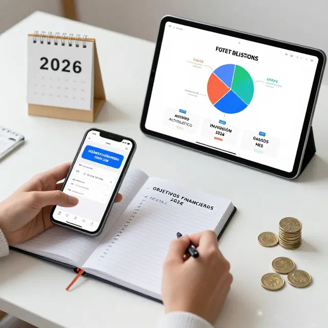 Fotografía de una persona en un escritorio organizando su nómina de enero de 2026 mediante una app móvil que automatiza el ahorro y la inversión, junto a un planificador físico de objetivos anuales.