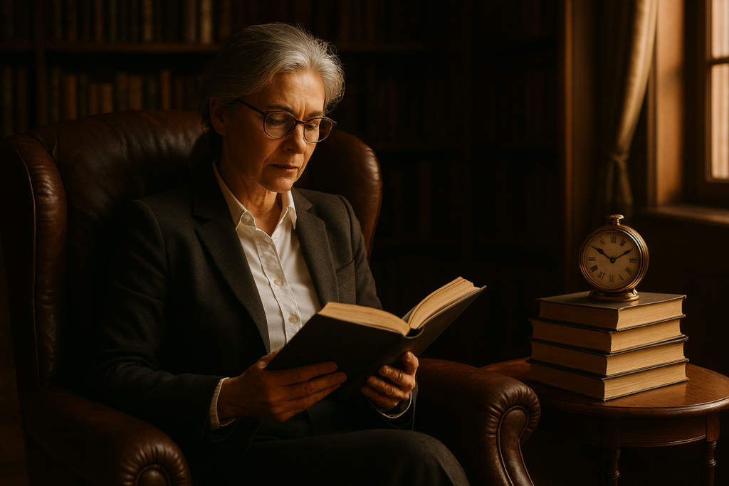 Fotografía de un empresario de éxito leyendo concentrado en un estudio privado, ilustrando el hábito de dedicar tiempo sagrado al aprendizaje y la lectura conocido como la Ley de las 5 horas.