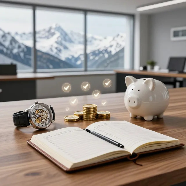 Fotografía de un entorno de oficina minimalista con vistas a los Alpes suizos, mostrando un reloj de precisión y elementos de inversión organizados que representan los ocho hábitos para generar riqueza en Suiza.