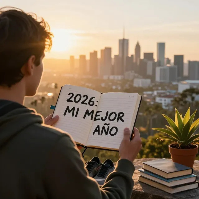 Fotografía inspiradora al amanecer de una persona en una cima sosteniendo un diario marcado con "2026: Mi Mejor Año", simbolizando el inicio de un periodo de éxito, salud y crecimiento personal.