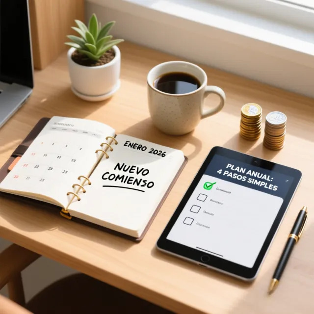Fotografía de un escritorio organizado en enero de 2026, mostrando una agenda física y una tablet con una lista de verificación de cuatro pasos para la planificación financiera exitosa del nuevo año.