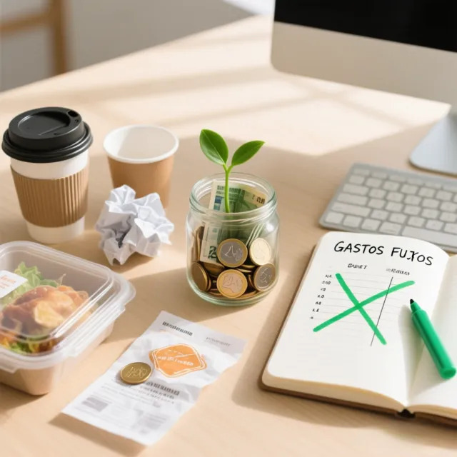 Fotografía de estilo plano desde arriba que muestra objetos cotidianos comparados para el ahorro: un termo reutilizable y comida casera frente a opciones desechables, junto a un cuaderno de presupuestos y un tarro de cristal llenándose de euros.