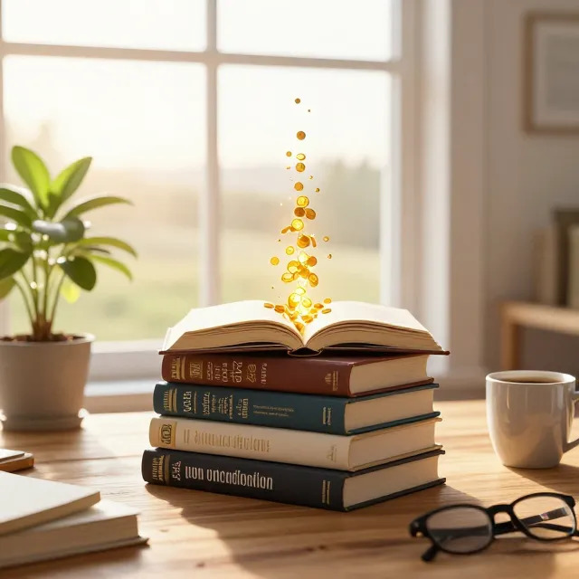 Fotografía de un escritorio con una pila de cinco libros educativos de los que emana una luz dorada y monedas que conducen a una planta en crecimiento, simbolizando el camino del conocimiento hacia la libertad financiera.