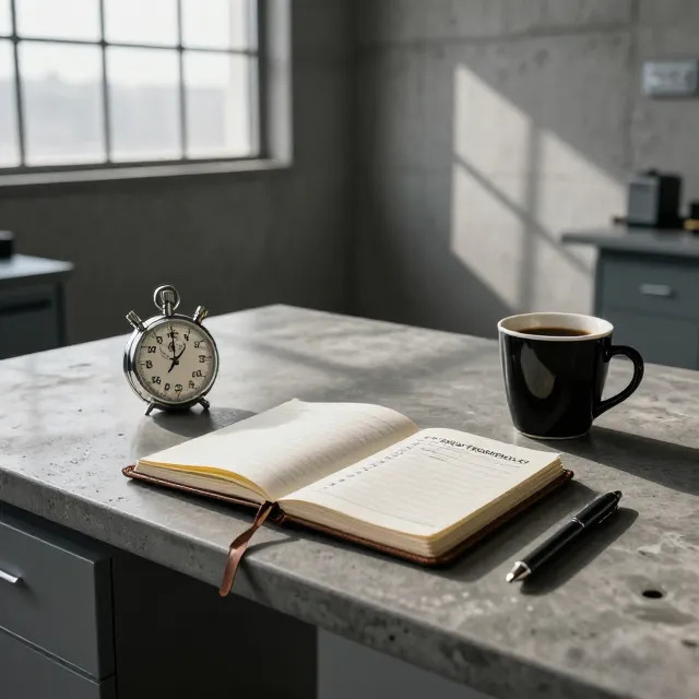 Fotografía conceptual de un entorno de trabajo estoico y minimalista al amanecer, con un reloj y una lista de tareas que simbolizan la disciplina férrea, el enfoque extremo y la estructura diaria de alto rendimiento.