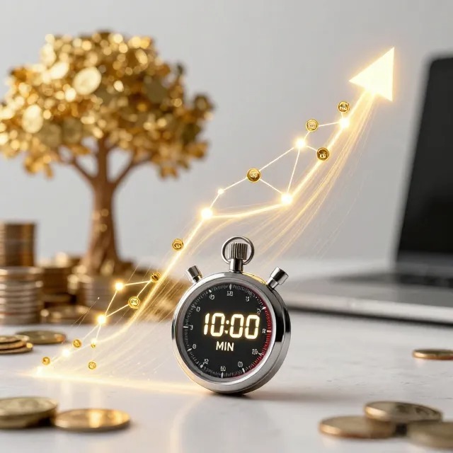 Imagen conceptual que muestra un cronómetro marcando 10 minutos, del cual brota una gráfica de crecimiento exponencial con 20 puntos luminosos que representan las leyes del interés compuesto.