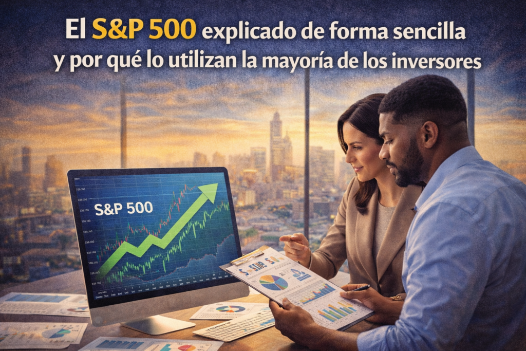 Gráfico ascendente del S&P 500 con inversor analizando su cartera a largo plazo
