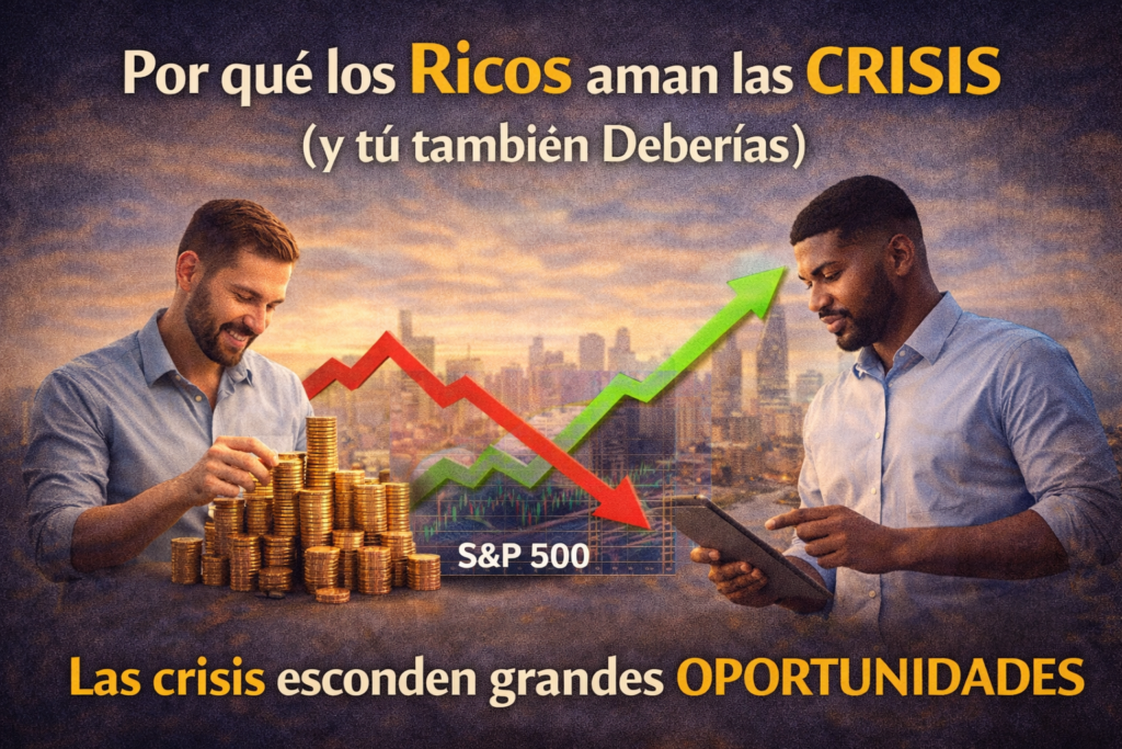 La imagen muestra a dos inversores, uno buscando ver donde se esconden las grandes oportunidades y otro que está contando las ganancias obtenidas en una de las crisis. También muestra gráficos que suben o bajan pero realmente esto no importa porque los Ricos aman las Crisis porque tienen una mentalidad diferente para ver las Oportunidades