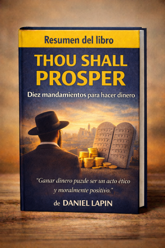 Portada del libro Thou Shall Prosper de Daniel Lapin con monedas de oro y tablas de mandamientos, simbolizando prosperidad financiera.