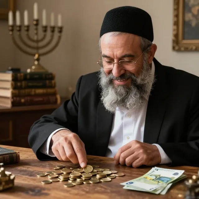 Retrato inspirador de Rabino Millonario rodeado de libros antiguos y monedas digitales representando riqueza ética y prosperidad financiera.