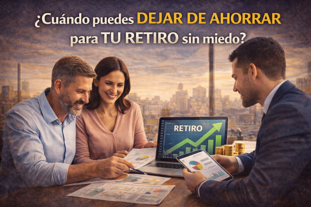 En la imagen se aprecia una pareja con un asesor financiero evaluando las aportaciones que tienen que realizar para poder retirarse sin miedo