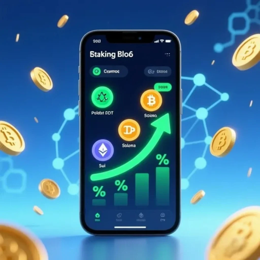 Gráfico comparativo de rentabilidad staking criptomonedas 2026 con monedas Cosmos, Solana y Ethereum creciendo  