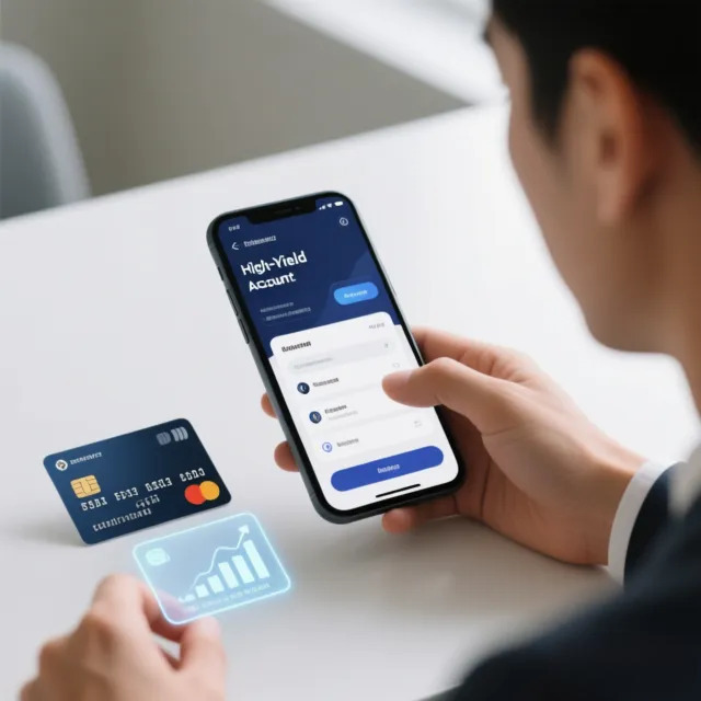 • Ilustración de una cuenta de alto rendimiento en Meru con tarjeta digital y tarjeta física gestionada desde un teléfono móvil.
