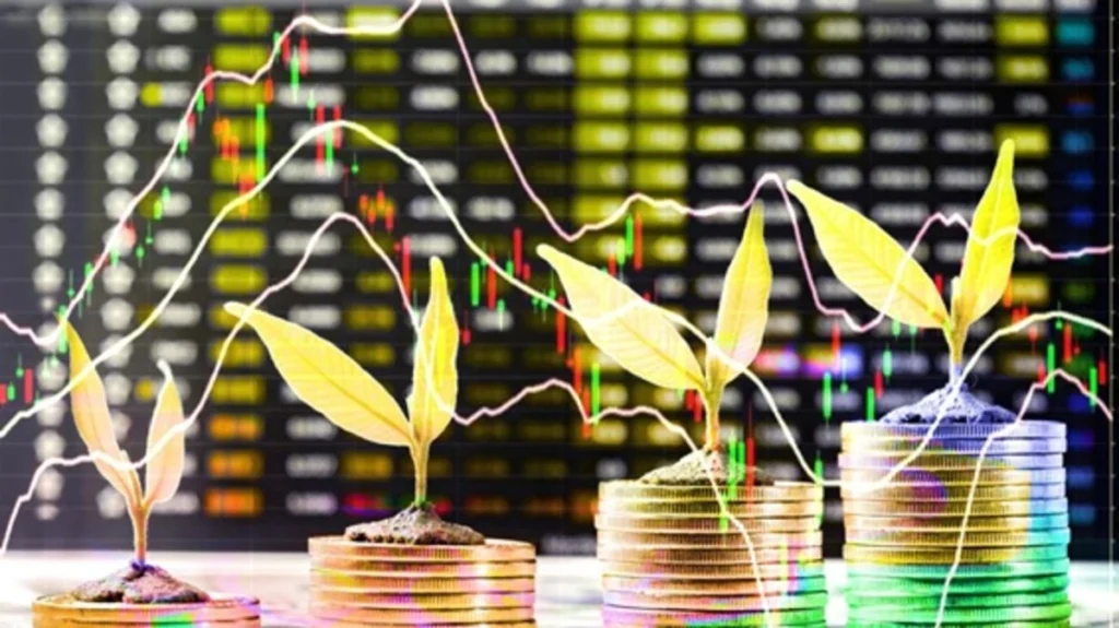 Gráfico de crecimiento que representa ganancias mediante staking de criptomonedas.