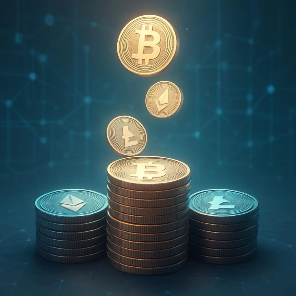 Concepto de ingresos pasivos con criptomonedas mediante staking.