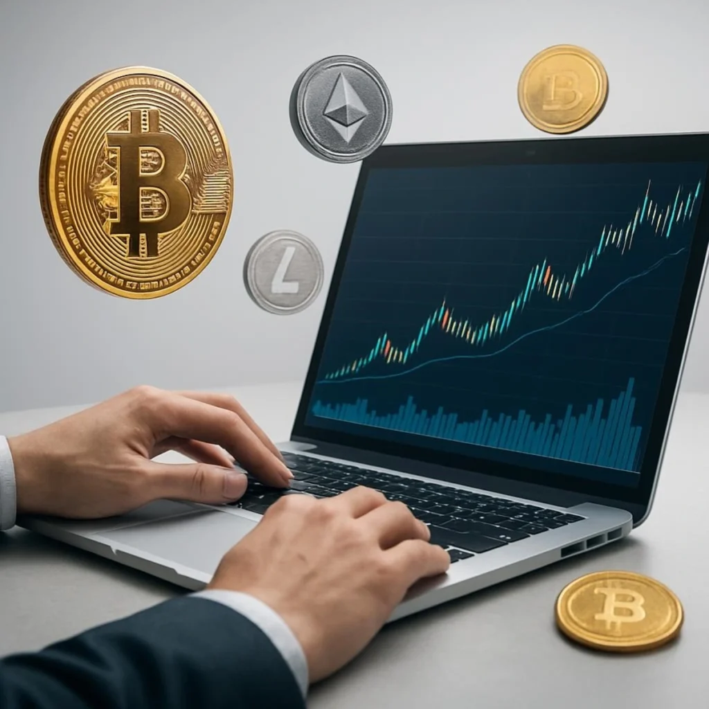 Persona analizando inversión en criptomonedas con gráficos de crecimiento y concepto de generación de ingresos pasivos mediante staking.