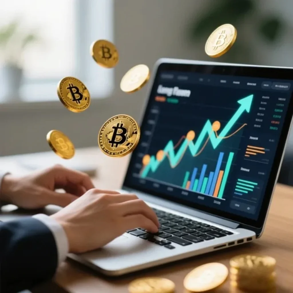 Persona revisando inversión en criptomonedas y staking.