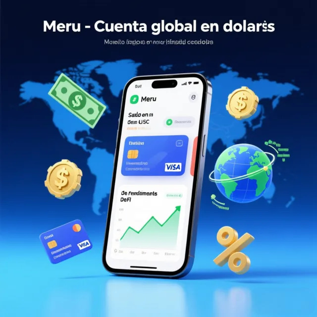 "Qué es Meru y cómo funciona: ilustración de la app Meru con cuenta en dólares, tarjeta Visa, transferencias globales y rendimientos DeFi en un smartphone moderno"