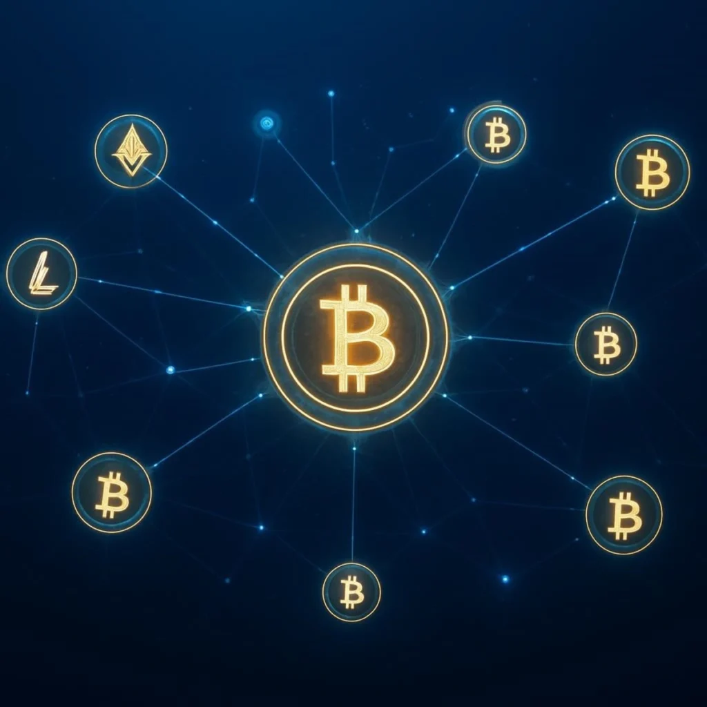 Red blockchain descentralizada con nodos conectados utilizada para el staking y validación de transacciones en criptomonedas.