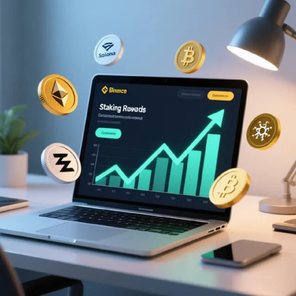 Ilustración de staking en Binance generando ingresos pasivos con criptomonedas.