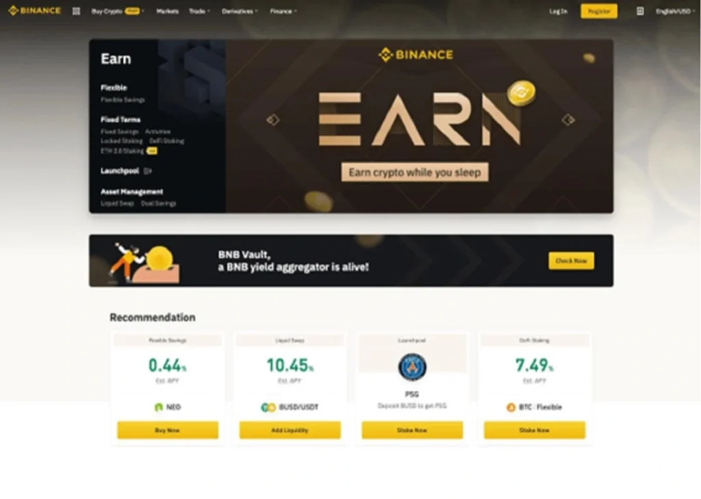Panel de Binance mostrando opciones de staking y generación de ingresos pasivos con criptomonedas.