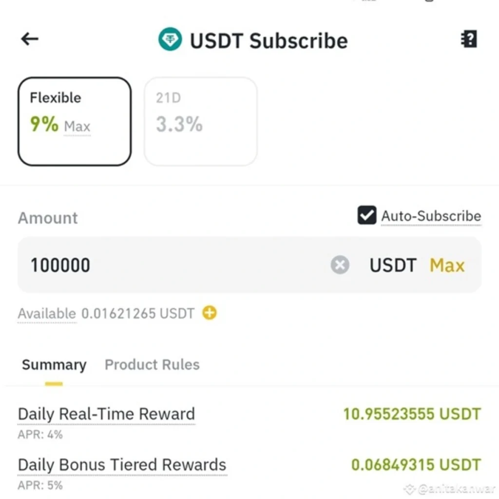 La imagen muestra cómo elegir la criptomoneda USDT para ahorro flexible
en Binance Earn
