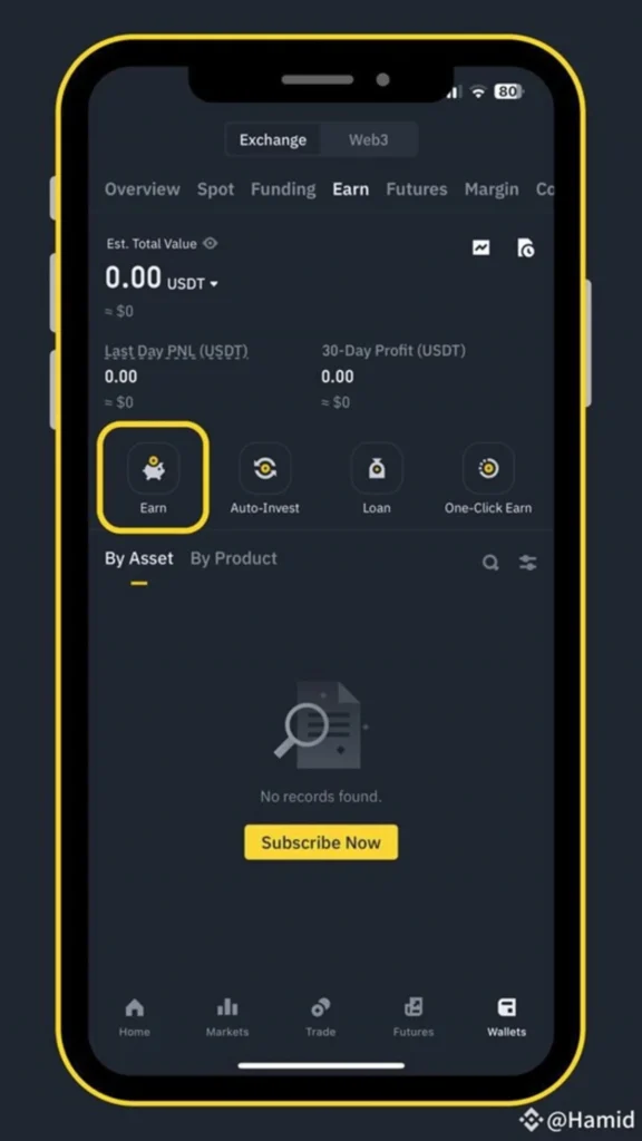 La imagen muestra la pantalla de un móvil en el que se ha iniciado sesión en Binance y se dispone a abrir "Earn"
