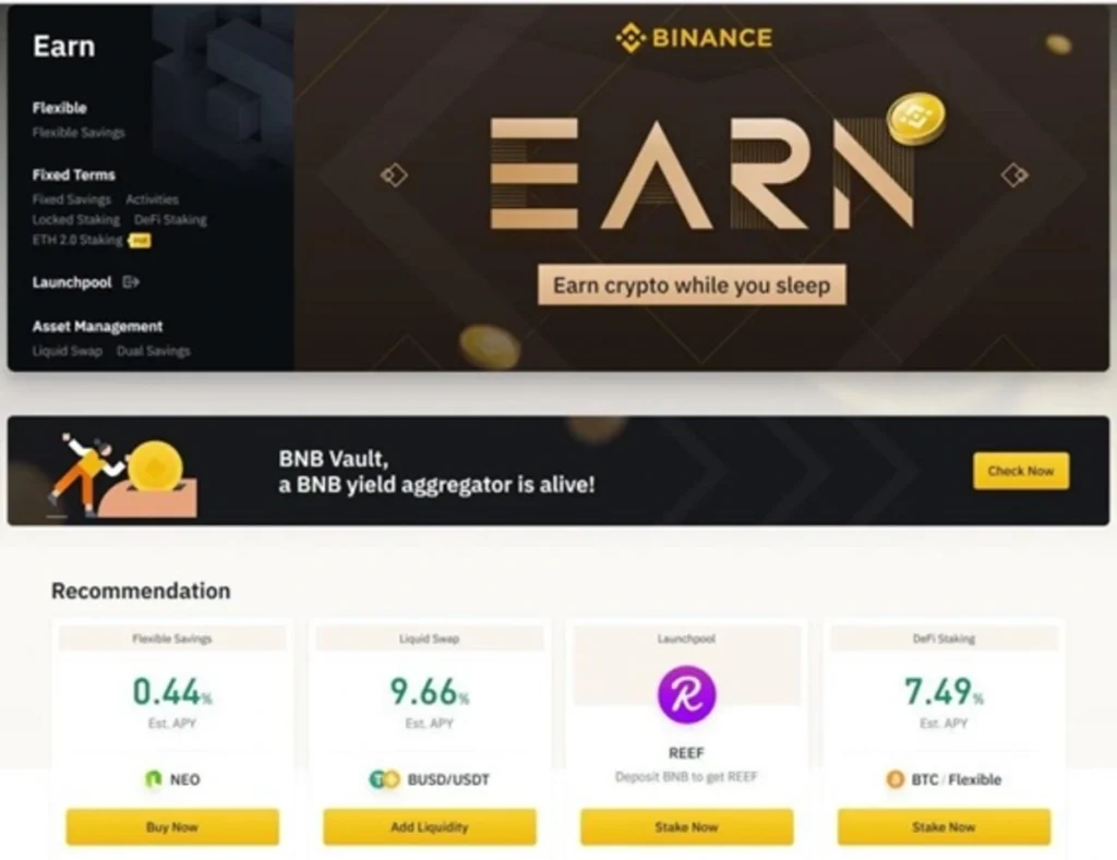 La imagen muestra Binance Earn y algunas criptomonedas con las que podemos generar ingresos pasivos de forma flexible
