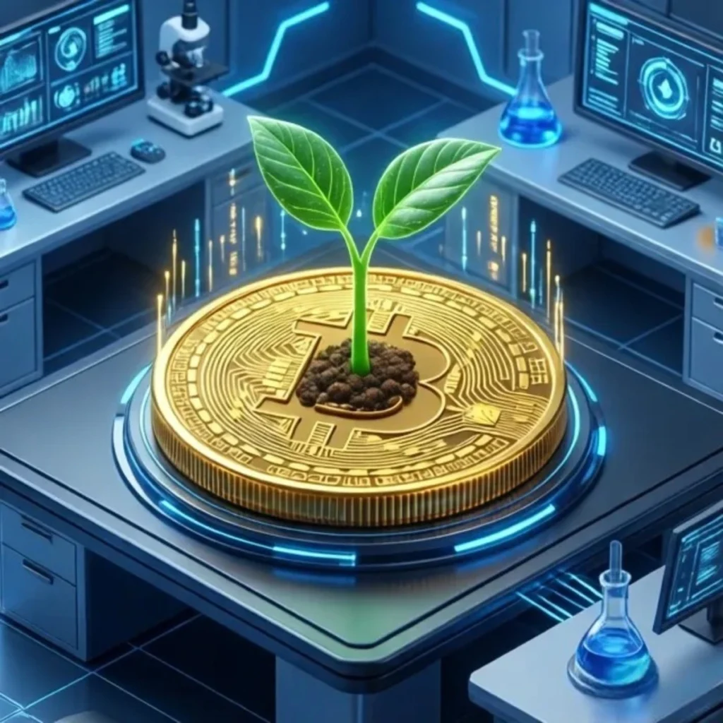 Representación visual de monedas digitales creciendo como una planta verde en un entorno futurista.