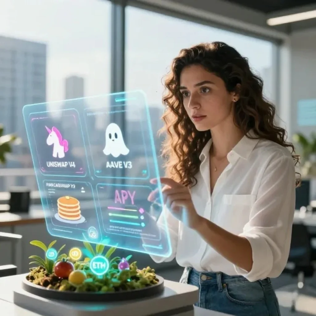 Soraya interactuando con una interfaz holográfica que muestra ejemplos de yield farming en Uniswap V4, Aave V3 y PancakeSwap V3 en el año 2026, con plantas digitales de liquidez y porcentajes de rentabilidad.
