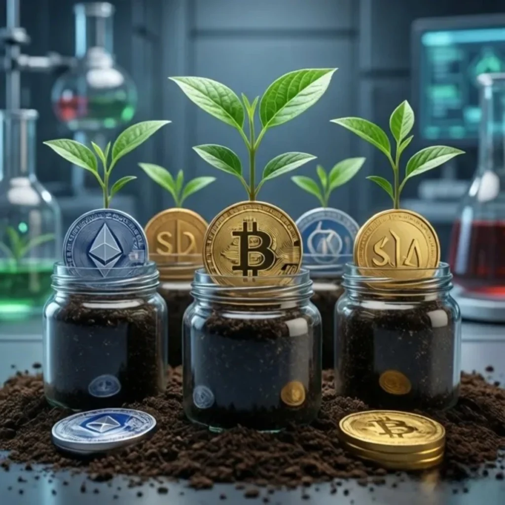 Criptomonedas doradas creciendo como plantas en macetas digitales representando ingresos pasivos.