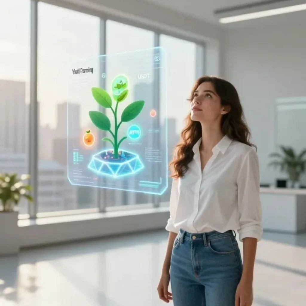 Una mujer joven observando una interfaz holográfica en 2026 que muestra el concepto de yield farming con plantas digitales de criptomonedas y porcentajes de rentabilidad creciendo.