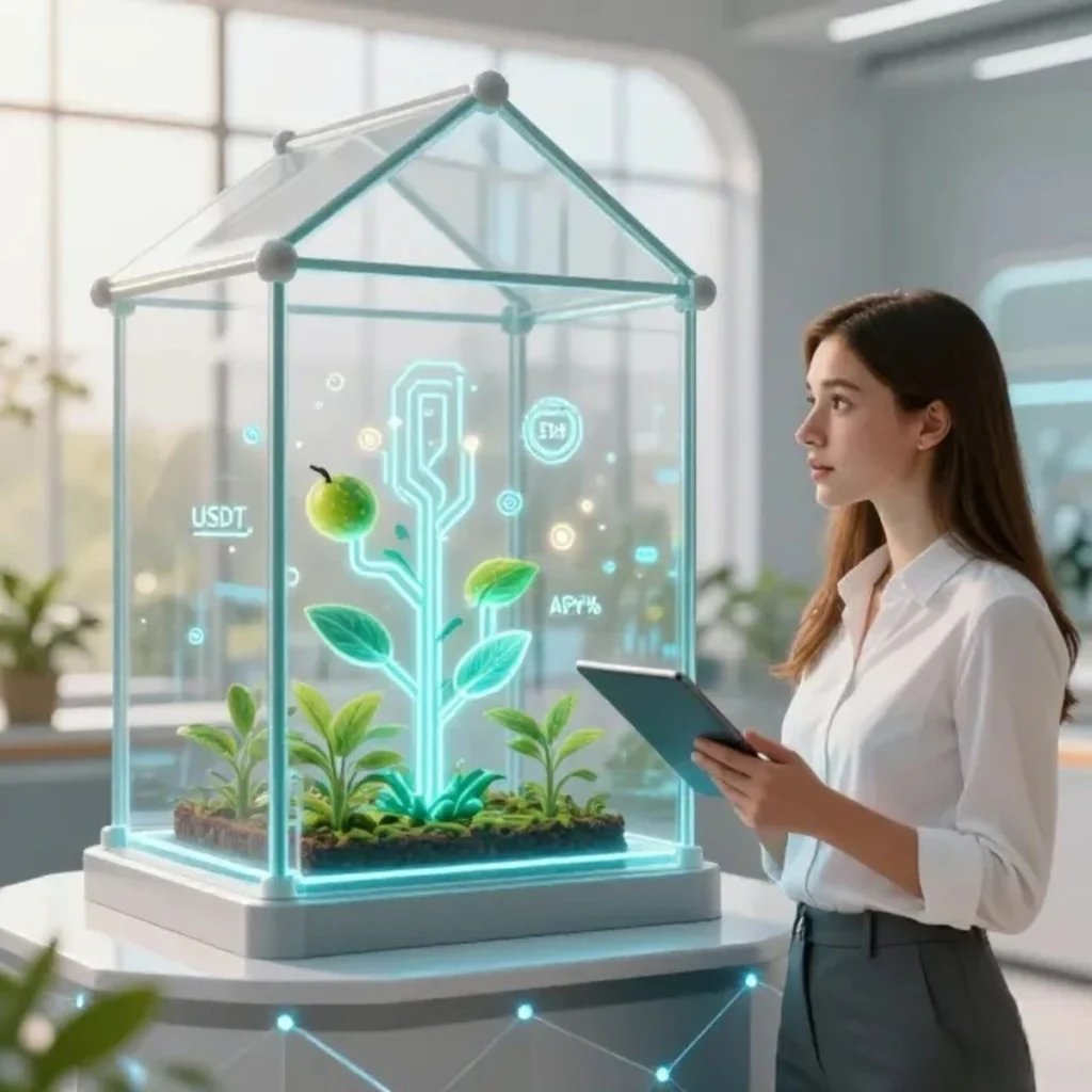 Ilustración conceptual de agricultura de liquidez (yield farming) en 2026, mostrando plantas digitales de neón en un invernadero futurista sobre una red blockchain, con símbolos de criptomonedas y porcentajes de rentabilidad flotando.