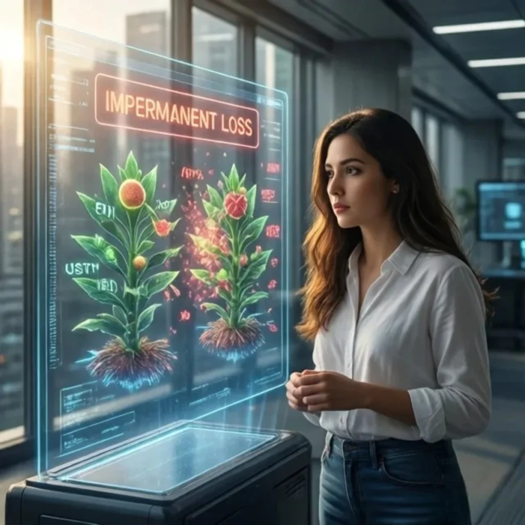 Soraya analizando una interfaz holográfica en 2026 que muestra el concepto de pérdida impermanente en yield farming, con plantas de liquidez fragmentándose y símbolos de advertencia de rentabilidad en rojo.