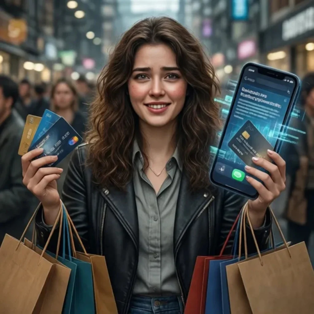 Persona comprando impulsivamente mientras aumenta sus deudas