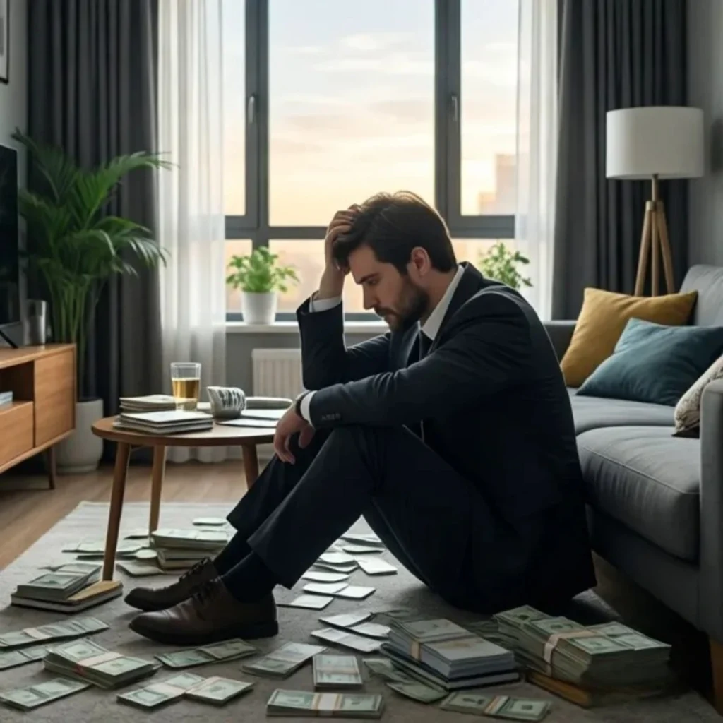 Persona reflexionando sobre sus problemas financieros y sus creencias limitantes.
