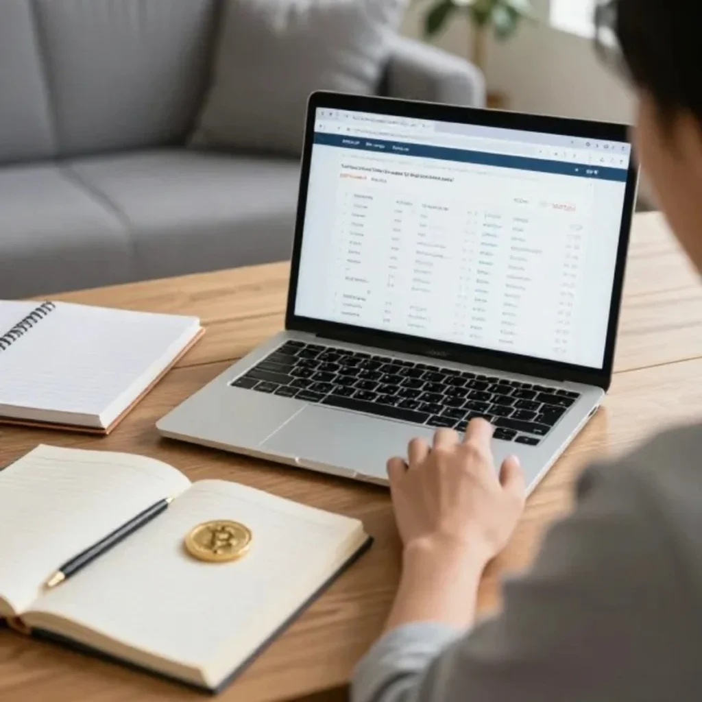 Persona aprendiendo sobre inversión y criptomonedas desde casa.