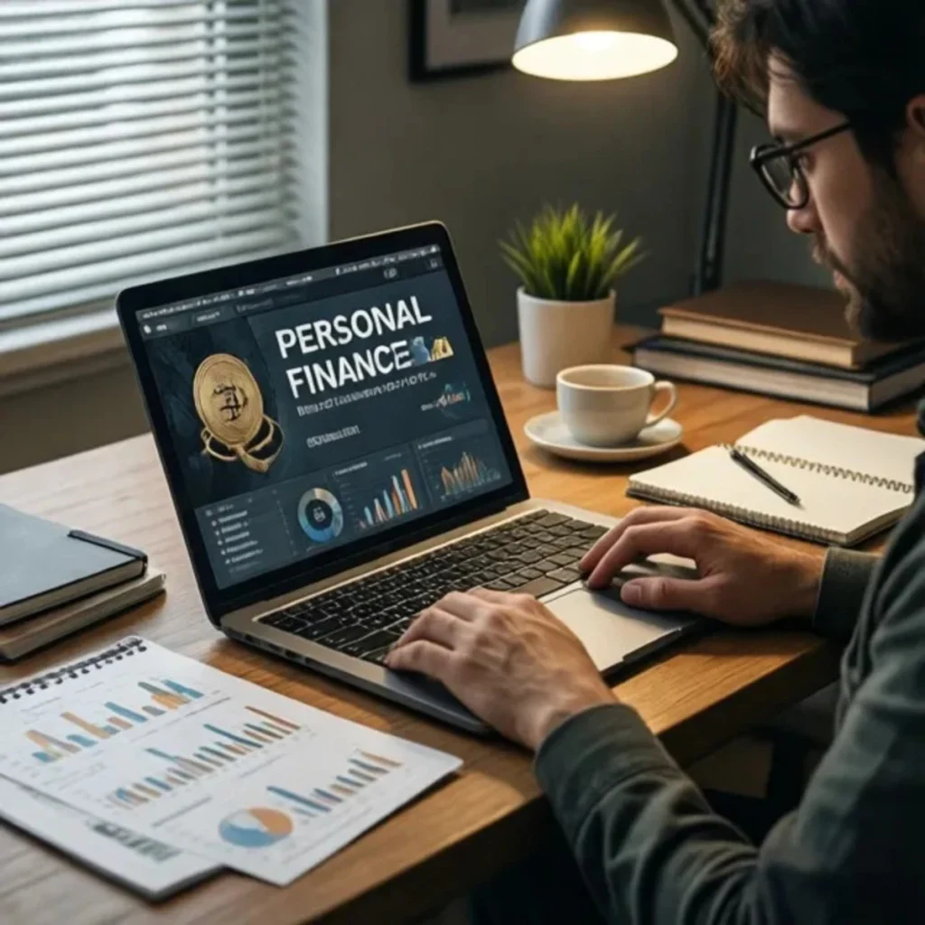 Persona aprendiendo sobre finanzas personales y criptomonedas desde casa.