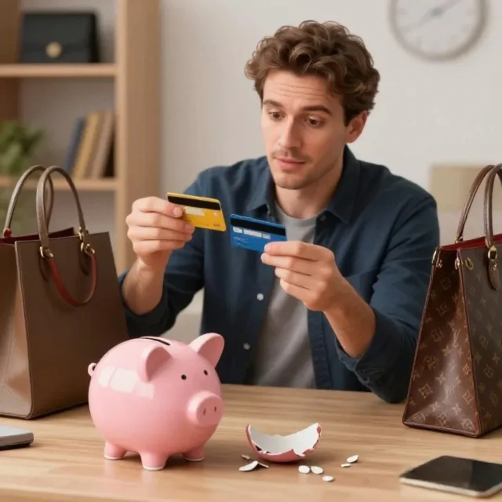 Hombre gastando dinero impulsivamente mientras ignora sus ahorros
