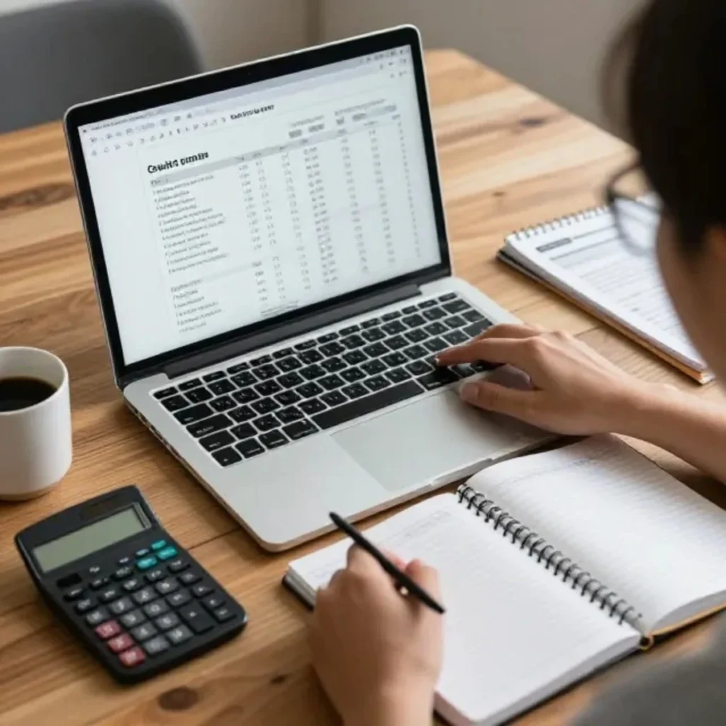 Persona revisando gastos y organizando un presupuesto financiero