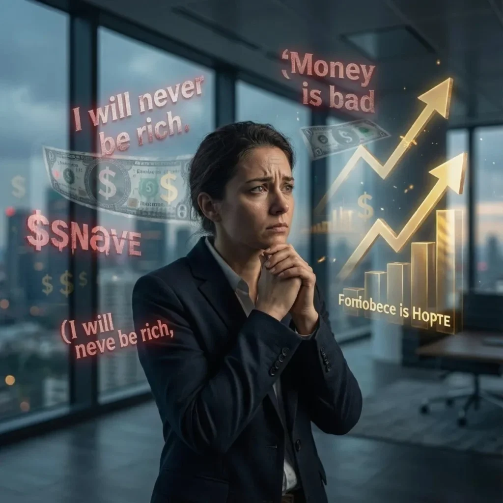 Persona reflexionando sobre frases negativas relacionadas con el dinero y el futuro financiero