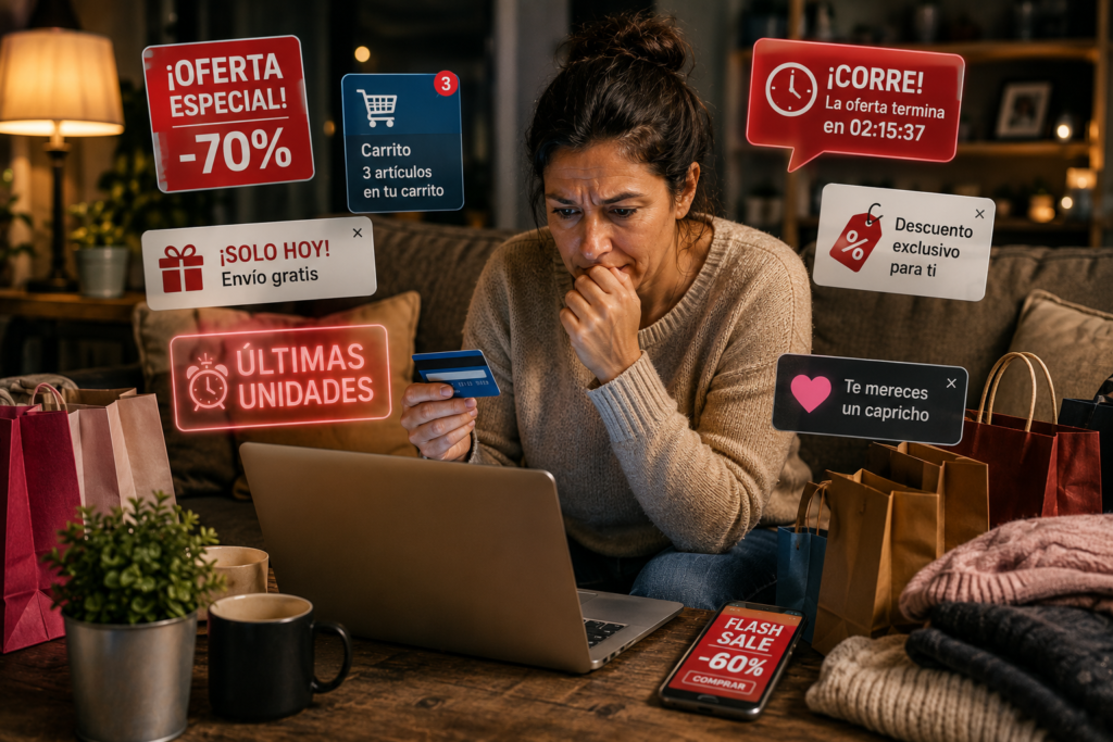 Persona realizando compras impulsivas por Internet influenciada por descuentos y promociones.