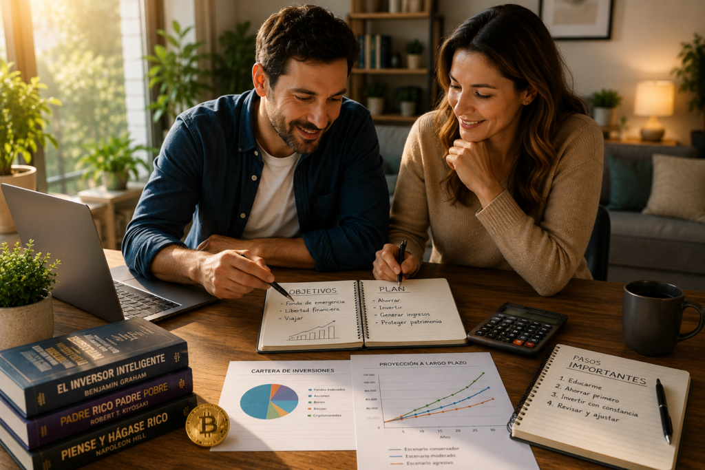 Pareja planificando inversiones a largo plazo siguiendo principios de educación financiera.